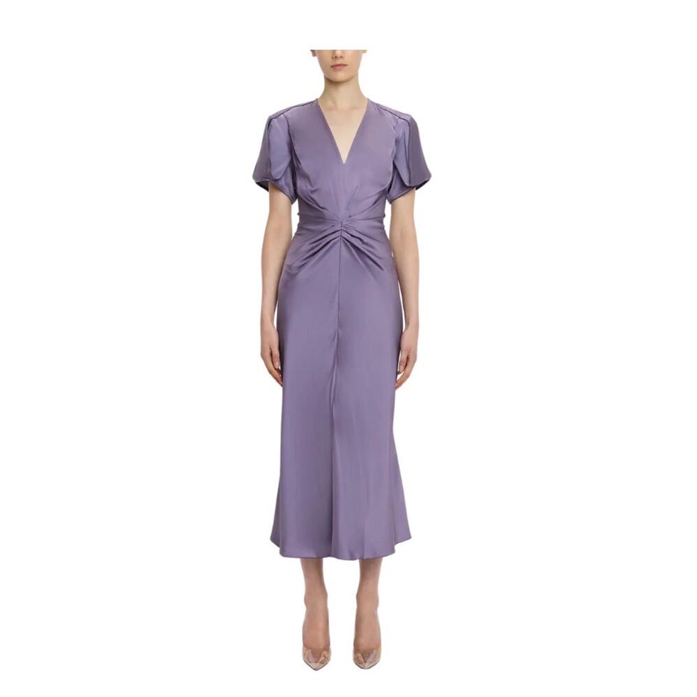 Victoria Beckham Gathered V Neck Midi Dress in Iris UK 4 US 0